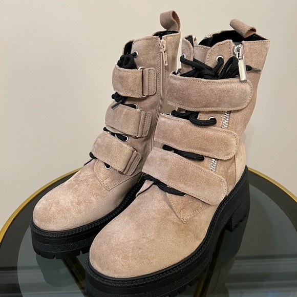 Free People Beige Latte Suede Emmett Lace Up Velcro Strap Up Boots Size 6 - Picture 3 of 10